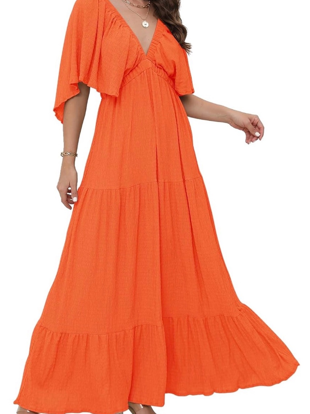 Orange V-Neck Tiered Maxi Dress - Women